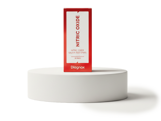Box of Diognox Nitric Oxide Saliva Test Strips on a white pedestal with a white background
