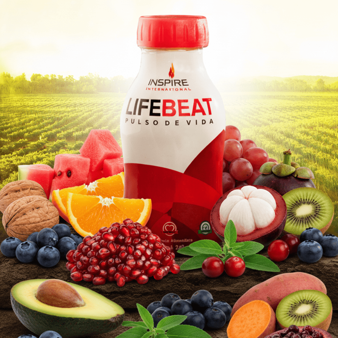 Lifebeat supplement bottle with fresh fruits and vegetables on a wooden surface