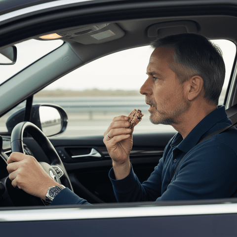 Man eating a cookie while driving a car