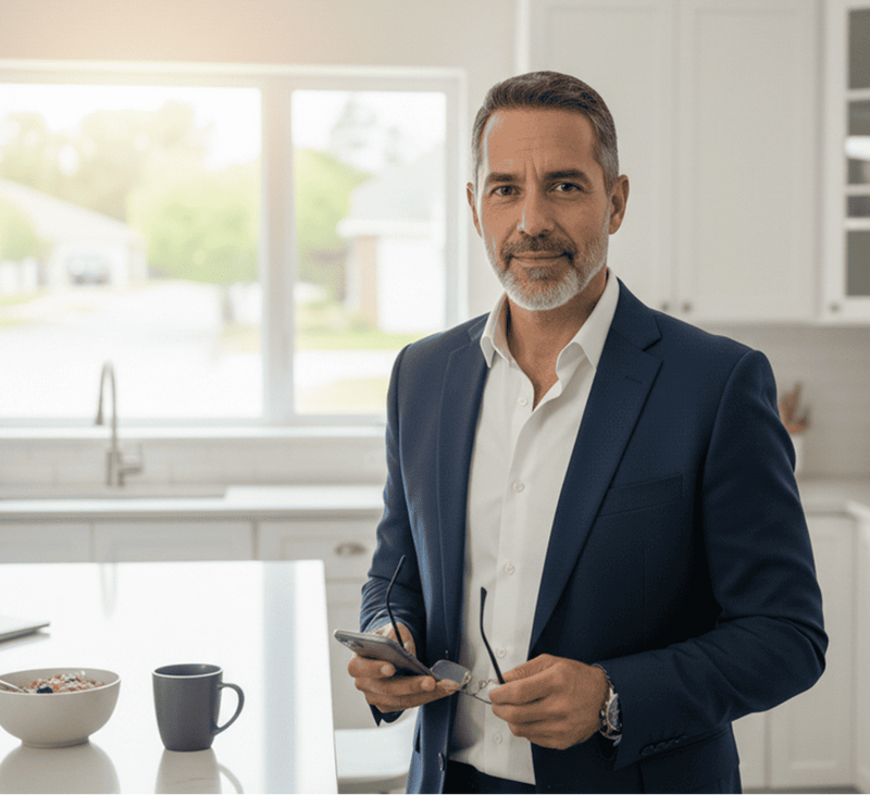 Man in a kitchen holding a phone and glasses, wearing a blue blazer and white shirt.