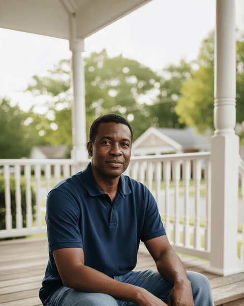 Man sitting on a porch with a white railing and greenery in the background