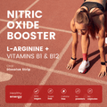 Person on a running track with 'Nitric Oxide Booster' text and product details.