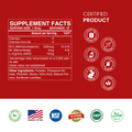Supplement facts label with certification logos on a red background