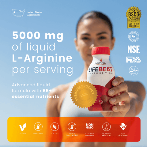 Lifebeat supplement bottle held by a person with certification logos on a blue background