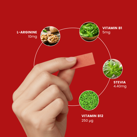 Hand holding a L-arginine Nitric oxide Oral strio with nutritional information on a red background

