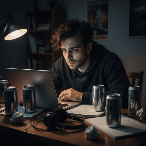 Person sitting at a desk with a laptop, cans, and headphones in a dimly lit room.