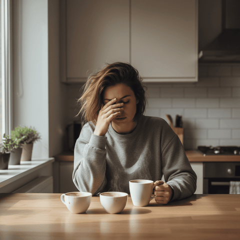 Person sitting at a kitchen table with three coffee cups, appearing stressed.