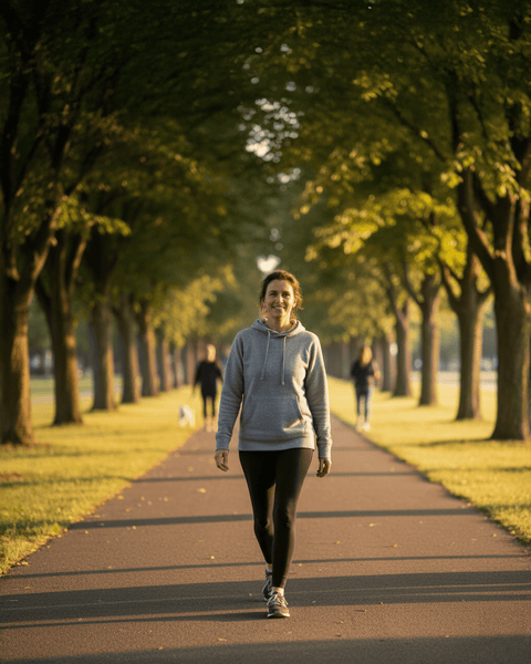 Person walking on a tree-lined path during sunset