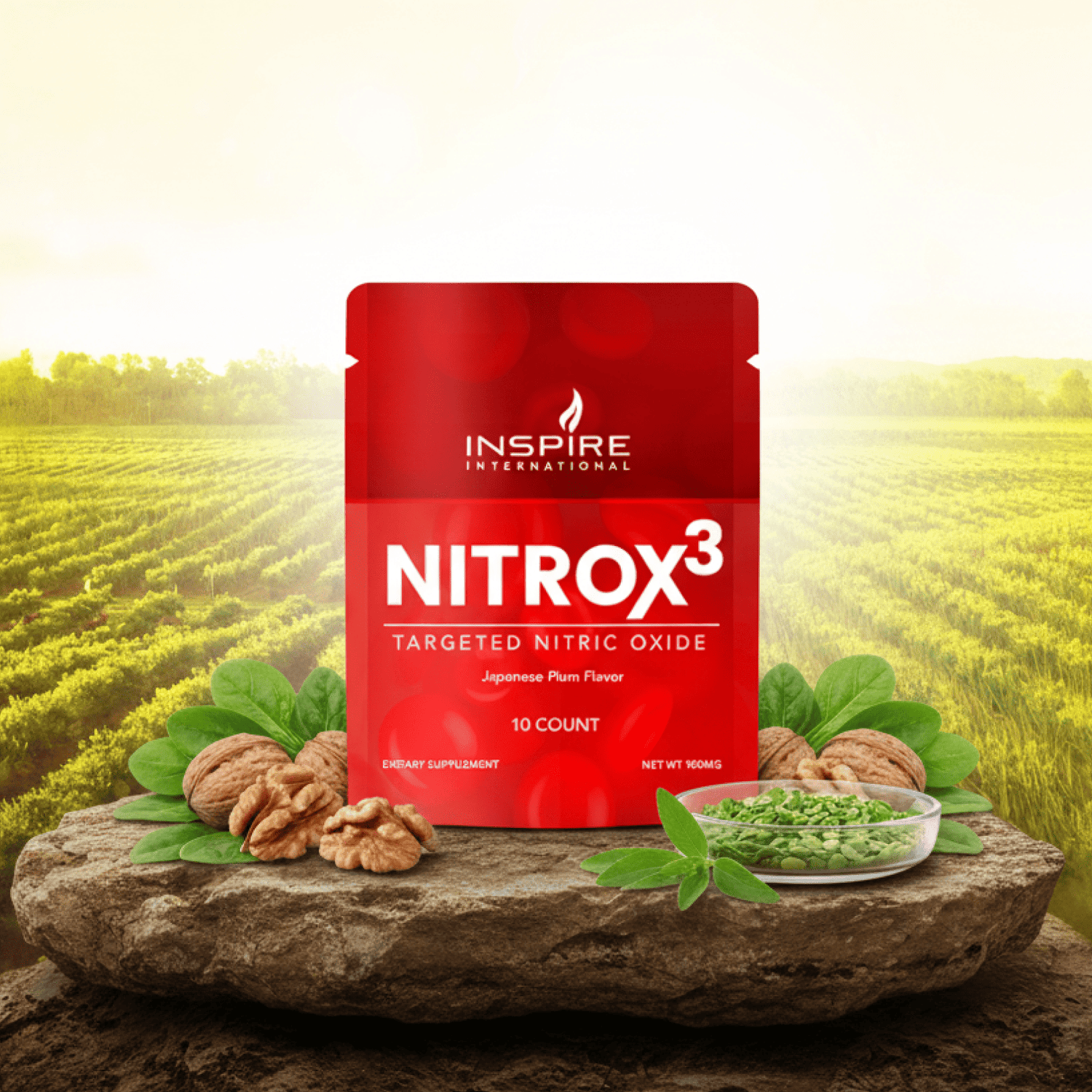 Red supplement package labeled 'Nitrox3' by Inspire International on a rock with greenery in the background.