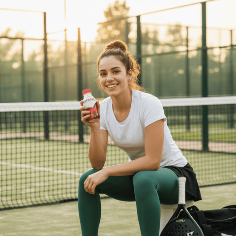 Woman on a tennis court holding a 5000mg L-Arginene Lifebeat bottle, with a sports ball and racket beside her.
