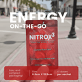 Red Nitrox3 - L-arginine nitrixoxide energy supplement package with street scene in the background