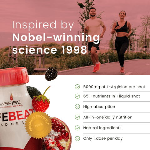 LifeBeat 5000mg of L-Arginine - Nitric Oxide booster - Product advertisement with a running couple and product details on a pink background

